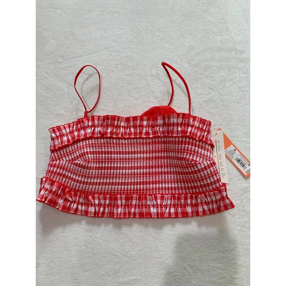 Colsie red‎ white plaid gingham check smocked bralette size medium new cotton